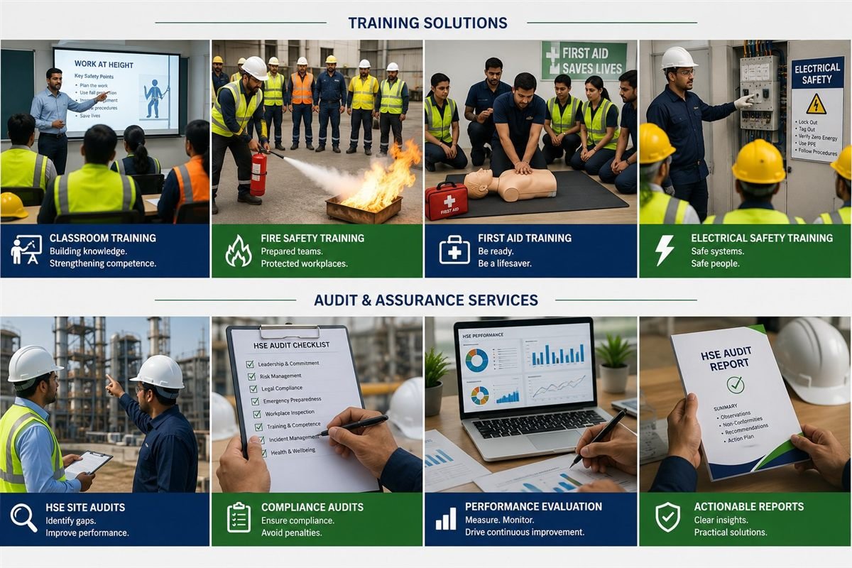 Avertiz training solutions and audit & assurance services overview — classroom training, fire safety training, first aid training, electrical safety training, HSE site audits, compliance audits, performance evaluation and actionable reports.